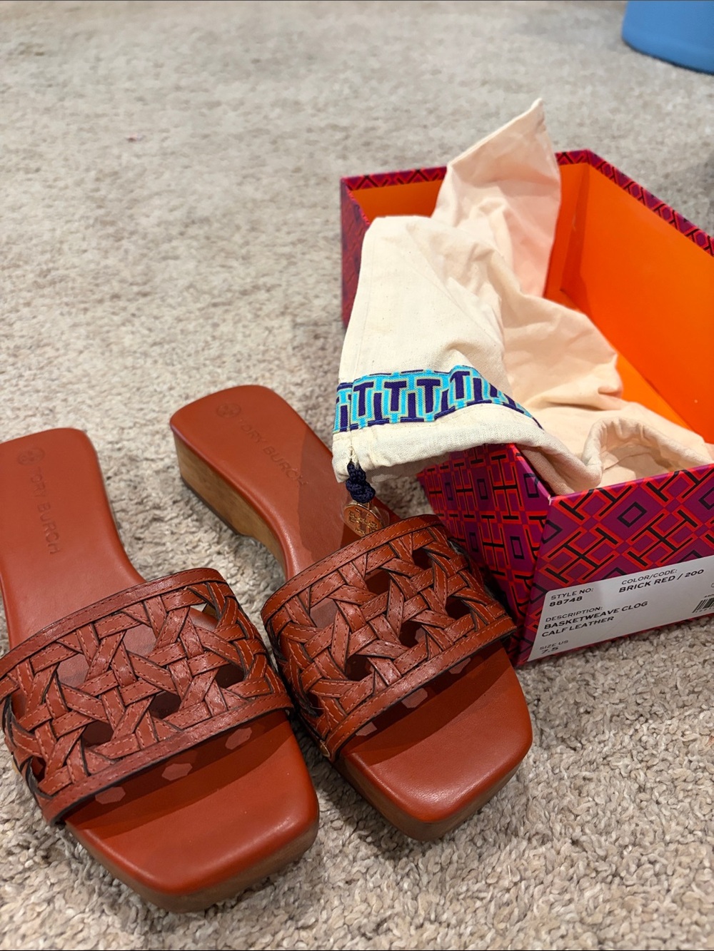 Tory Burch Brick Red Woven Leather Slide Mules